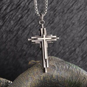 14K White Gold Mens Cross 24" Chain Link Necklace Guys Christian Silver Jewelry